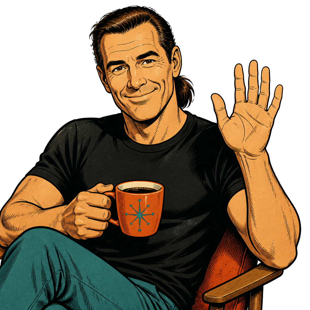 Illustration of Joe relaxing with a cup of coffee and waving hello